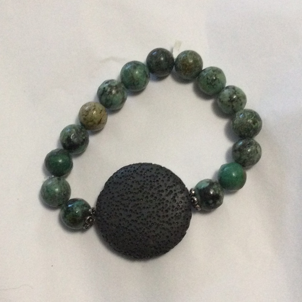 Oval Lava Rock Natural Turquoise Beaded Bracelet. Handcrafted